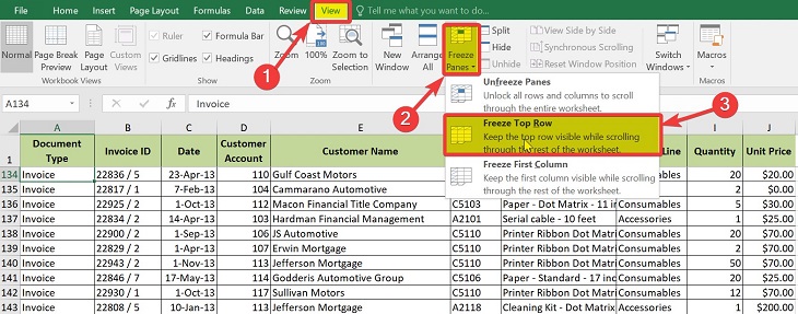 Cách cố định dòng trong excel