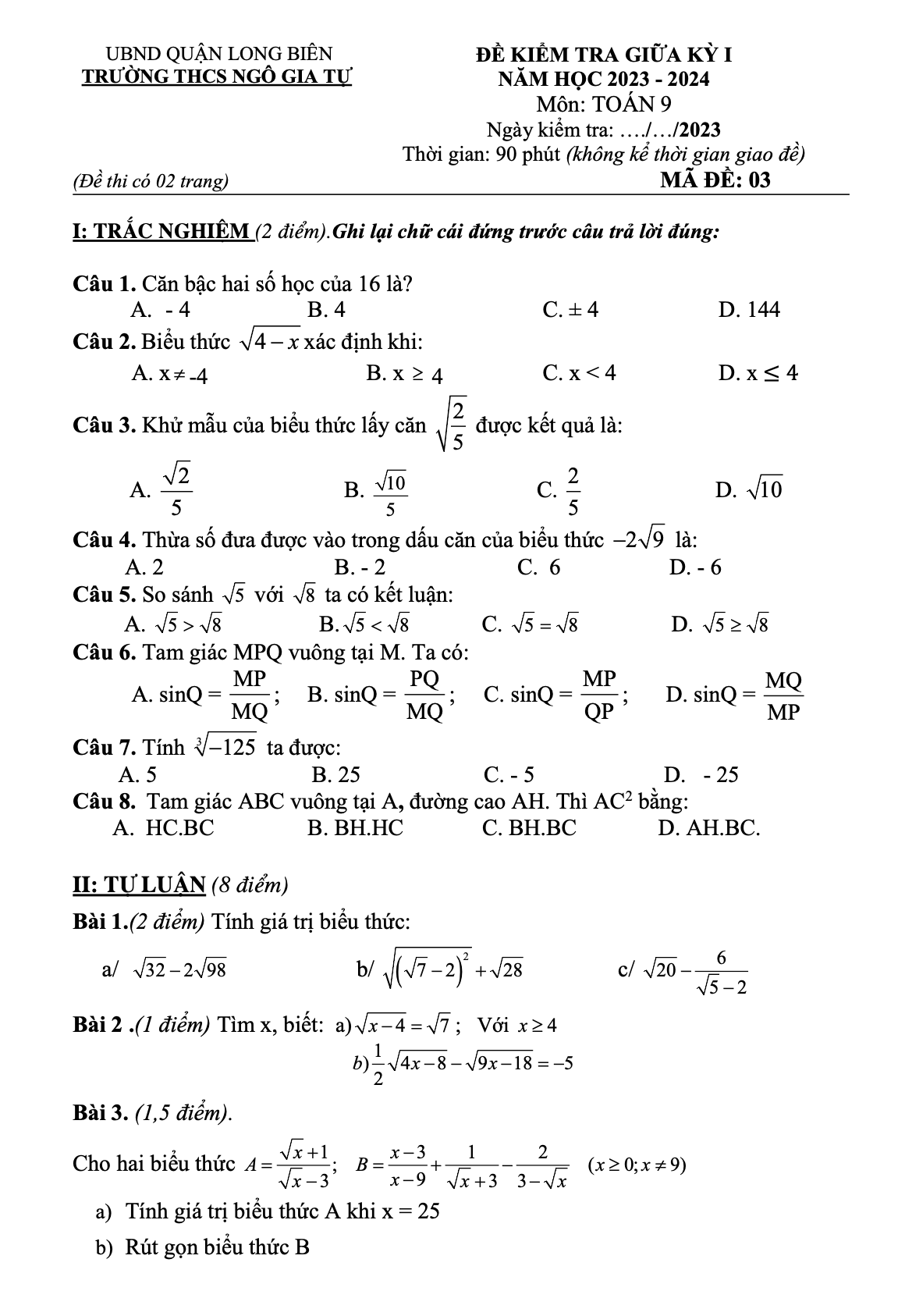 Đề thi giữa học kỳ 1 Toán 9 trường THCS Ngô Gia Tự Hà Nội